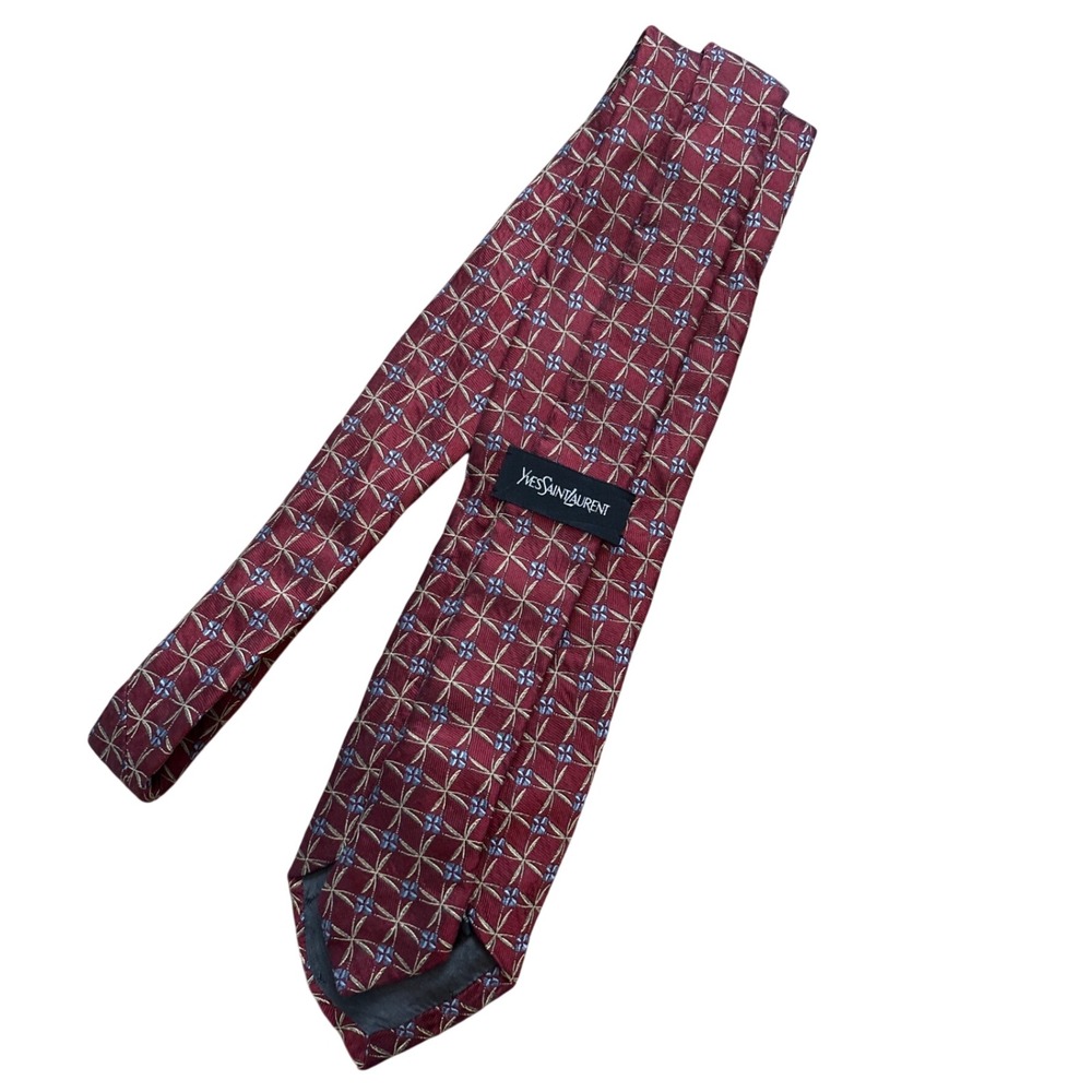 Yves Saint Laurent Mens Silk Tie Burgundy Blue Geometric Floral Made in Japan